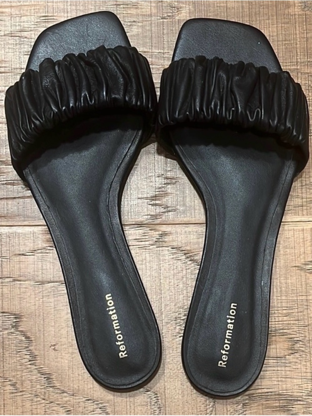 Reformation Black Ruched Strap Slide Sandals
